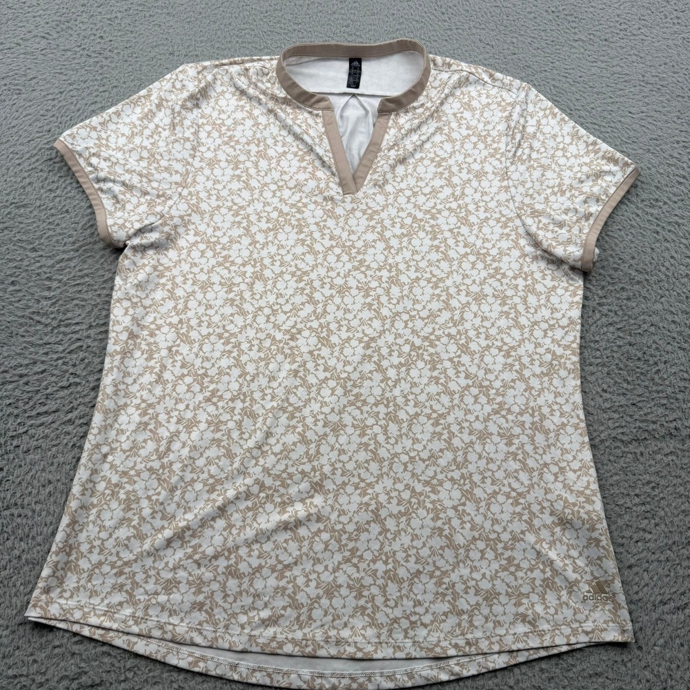 Adidas Golf Top Women XL Beige Floral Short Sleeve Split V-Neck Athletic Shirt